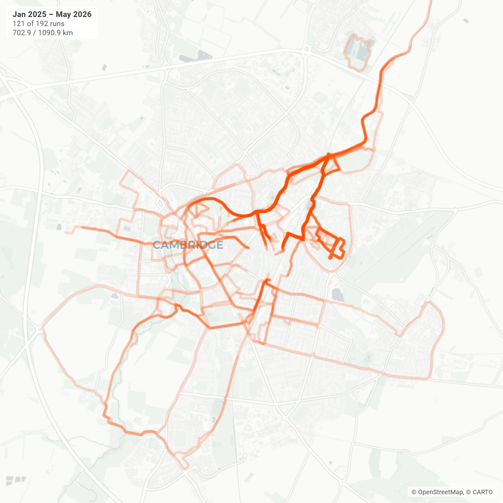 Heatmap of 121 runs around Cambridge