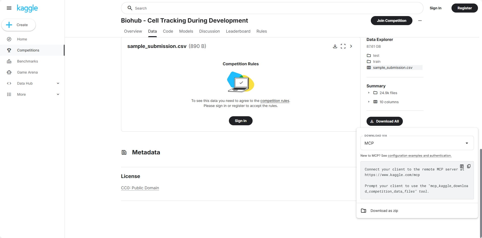 Kaggle's competition data page, offering the remote MCP server as a download option